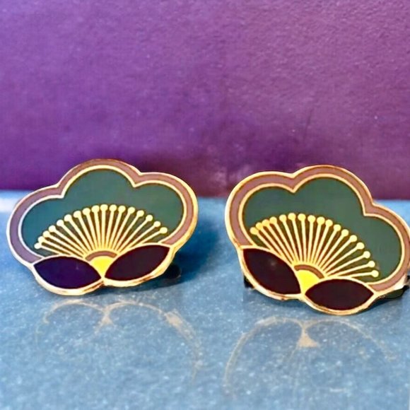 Laurel Burch Jewelry - Laurel Burch Clip-On Enamel Earrings Plum Blossom Signed Vintage